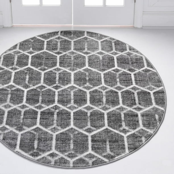Dining Rooms 5 Ft Round Gray Low-Pile Rug Perfect for Kitchens Rugs.com Lattice Trellis Collection Rug 